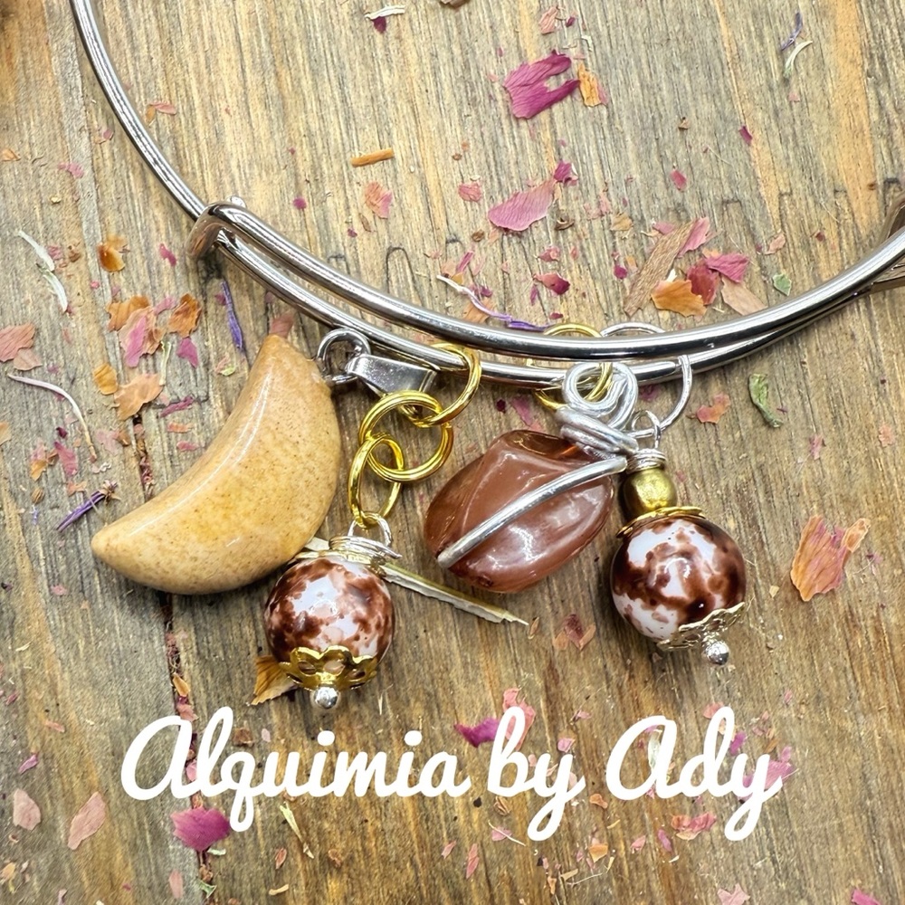 Silver and Brown agate and jasper moon Charm Bracelet